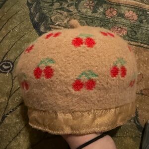 Anthropologie Tan Hat with Cherry Design